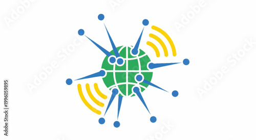 Global connectivity and internet network icon. World map with signal waves and nodes. Flat design vector illustration