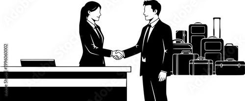 Two business people shaking hands at a reception desk with luggage silhouette

