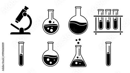 Set of scientific laboratory glassware science microscope