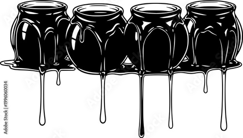 Four honey pots with dripping honey silhouette vector illustration isolated on white background