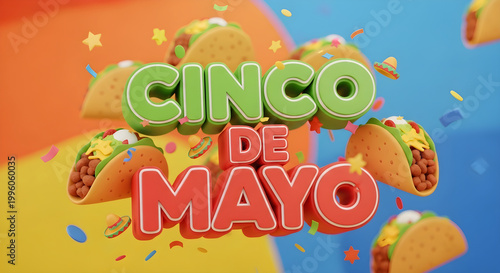 A vibrant Cinco de Mayo celebration with colorful tacos and confetti flying everywhere outdoors on a festive day