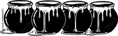 Four honey pots with dripping honey silhouette vector illustration isolated on white background