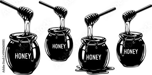 Four honey pots with dripping honey silhouette vector illustration isolated on white background