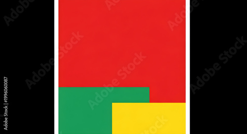 A geometric composition featuring red, green, and yellow blocks on a black background