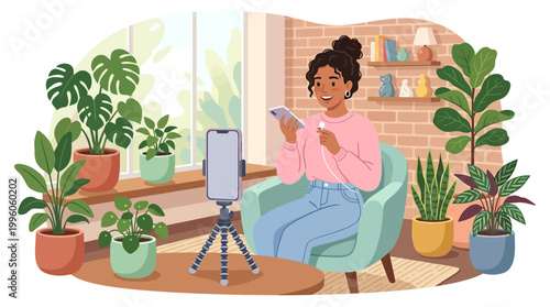 Young woman recording video with smartphone on tripod.