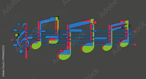 Retro futurism glitch music notes on staff. Distorted digital vector illustration with chromatic aberration. Electronic sound and cyberpunk concept