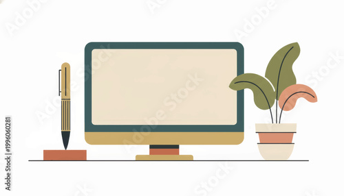 Retro minimalist vector illustration of a desk setup. Modern workspace concept for productivity and home office. Flat design graphic with a computer monitor and plant