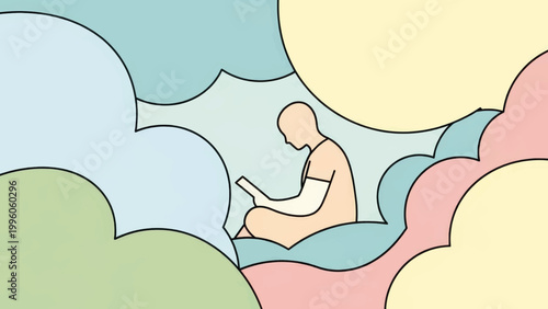 A stylized person reading on a tablet in a personal bubble. Minimalist flat vector illustration about digital wellness, focus, and solitude