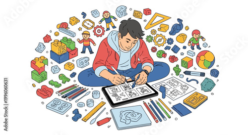 Young artist creating digital art on tablet surrounded by art supplies.