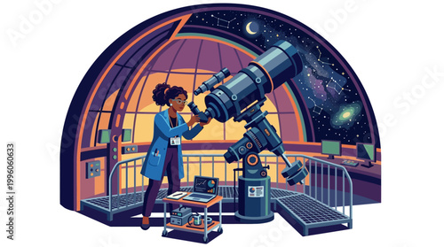 Young Black Woman Scientist Observing Stars Through Telescope.