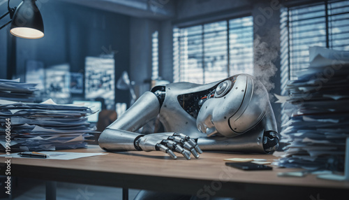 Overheated Humanoid Robot Resting Head on Desk Amidst Rising Smoke and Office Clutter Burnout Concept