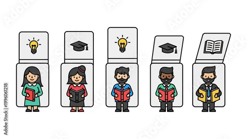 Knowledge and Learning Icons: A graphic representation of diverse individuals immersed in learning and education. Each person stands beside an open book, a lightbulb, or a graduation cap.