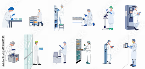 Flat illustration set of pharmaceutical lab workers performing various tasks like testing, sample management, and quality control in a medical research facility.