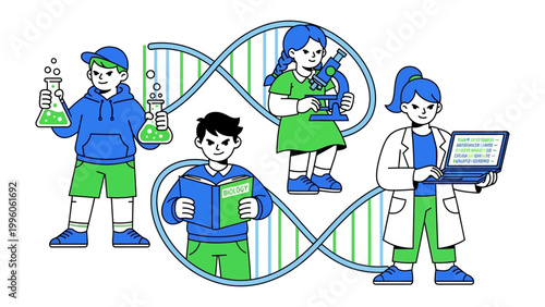 The Next Generation of Scientific Minds: Young learners delve into science, DNA strands connecting their innovative experiments. Capturing the spirit of education and scientific curiosity. 