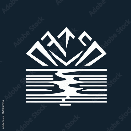 Minimalist Geometric Mountain Logo Icon with Water Reflection on Dark Background - Vector Illustration for Outdoor Adventure Brands and Nature Tourism