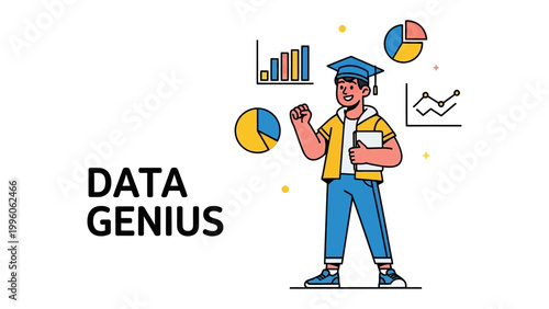 Data Genius's Vision: A young student, adorned in academic regalia, confidently envisions a world shaped by data, surrounded by vibrant charts and graphs.