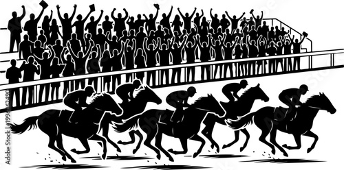 Horse Racing and Crowd Silhouette Bold Dynamic Vector