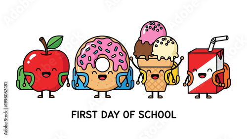 Sweet School Supplies: An animated ensemble of school-themed treats, including an apple, donut, ice cream, and juice box, cheerfully prepared for the first day of school, each with their own backpack.