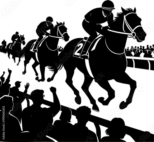 Horse Racing and Crowd Silhouette Bold Dynamic Vector