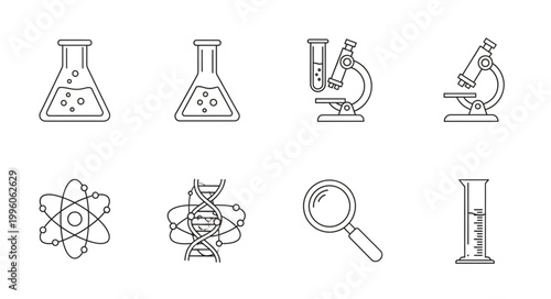 Collection of scientific research and laboratory equipment icons.