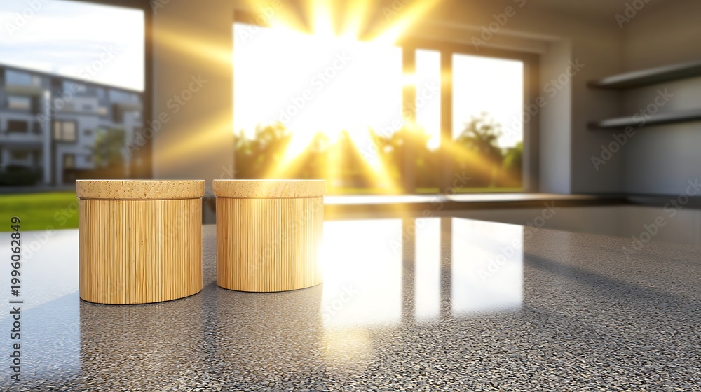 Obraz premium Bright Morning Sunlight Streaming Through Window Illuminating Bamboo Containers on Modern Kitchen Countertop