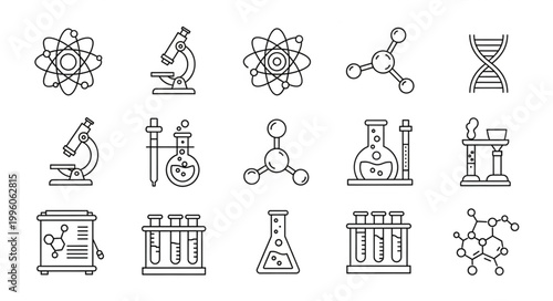 Collection of science and chemistry icons in a line art style.