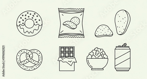 Collection of popular snack food icons in line art style.