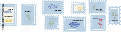 Summer vacation prints in sea blue colors. Italian Amalfi coast poster wall art. Coastal Italy poster set.  sardines, lobster, seafood icons doodle sketches See