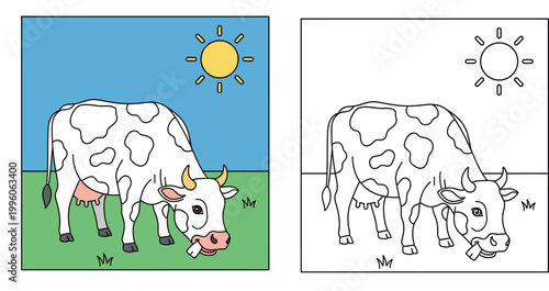 Simple Cartoon Dairy Cow Grazing in a Green Pasture Under a Bright Sun - Farm Animal Illustration for Kids