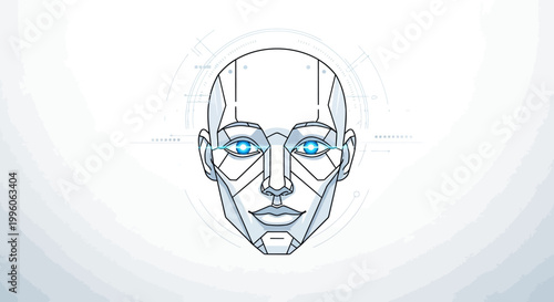 A detailed, futuristic, geometric representation of a human face with glowing blue eyes, suggesting artificial intelligence or a robot's head.