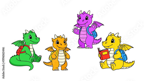 Whimsical Dragon Scholars: A cheerful scene of four cartoon dragons, each with unique colors and expressions, are ready for school with backpacks and books, learning and growing together.