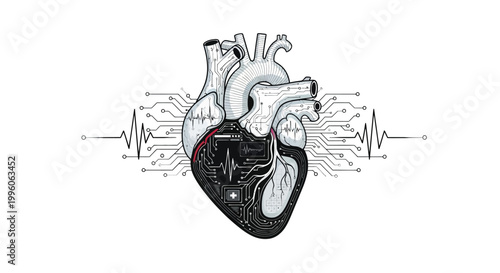 A detailed illustration of a human heart, half organic and half digital with circuit board patterns and an ECG line, symbolizing the intersection of biology and technology.