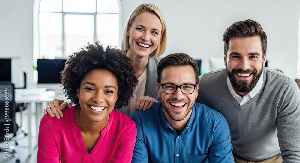 Obraz premium Four smiling professionals stand together in a modern office setting.
