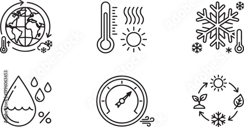 Climate change icons with temperature and weather symbols in a flat vector style Isolated on white background