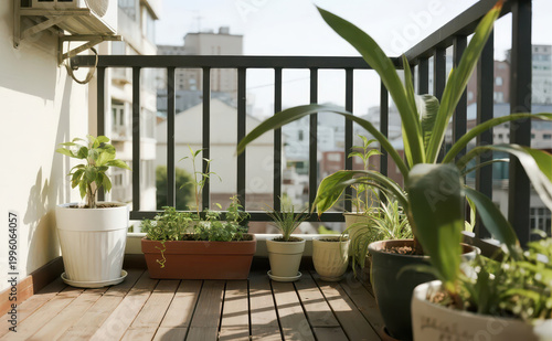 A sunlit urban balcony with terracotta potted plants and wooden floors, creating a fresh and healing city gardening atmosphere, making it a visual material image suitable for home and greenery scenari