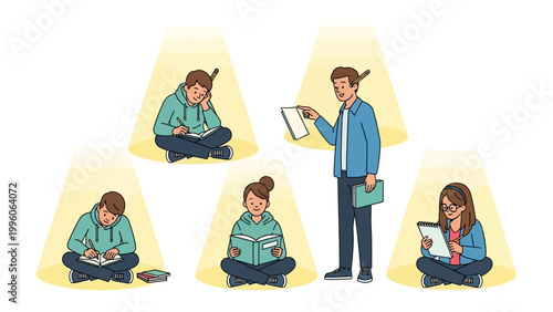 Study Circle: A collection of students immersed in focused study, the soft light illuminating their individual pursuit of knowledge and mentorship.