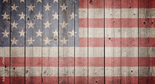 American flag painted on weathered wooden planks, rustic, patriotic, texture, background.