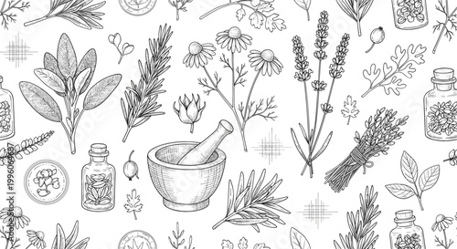 Hand drawn herbal medicine and botanical plants vector pattern featuring lavender, chamomile, rosemary, mortar and pestle and vintage medicinal herbs