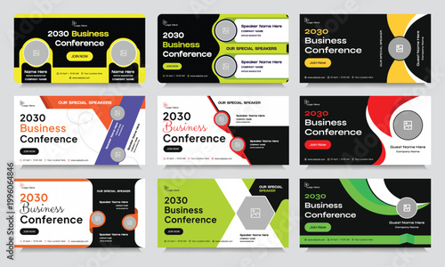 Business Conference Banners: A collection of modern, dynamic business conference banners, each featuring stylish designs, vibrant color schemes, and prominent text for clear communication.