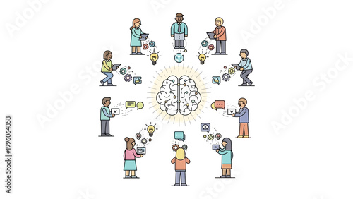 Foto Collaborative Minds: A visual representation of a diverse group of individuals collaborating, exchanging ideas and knowledge centered around a central concept