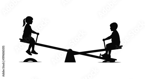 Two happy children playing together on a seesaw in this simple black and white silhouette graphic