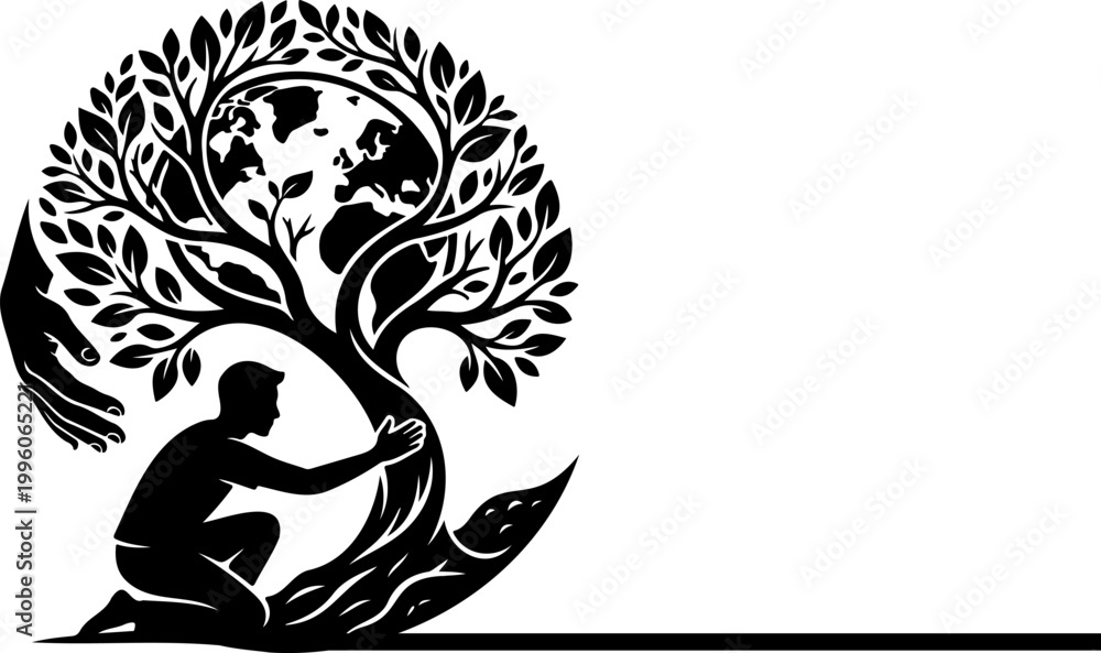 Fototapeta premium Human Protecting Earth and Tree Silhouette Bold Eco Vector