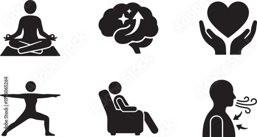Mindfulness icons with yoga meditation and relaxation poses isolated on white background