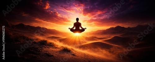 Meditating silhouette floating above desert landscape at dramatic sunset, spiritual awakening concept, inner peace journey, panoramic mindfulness scene.