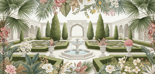 Elegant Palace Courtyard Garden with Fountain, Floral Borders, Tropical Leaves and Ornamental Landscape Architecture Background Illustration Design