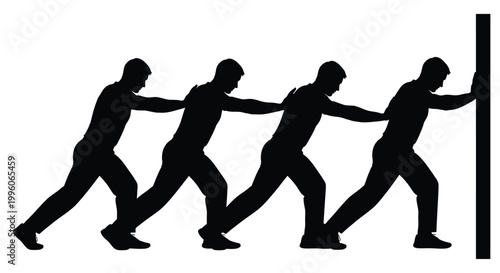 Silhouette of four men working together to push a heavy structure with collective physical force