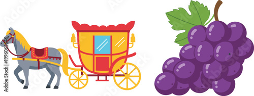 
Horse Drawn Carriage and Purple Grape Bunch Flat Vector Illustration Set for Vintage, Food, and Fairy Tale Design Projects