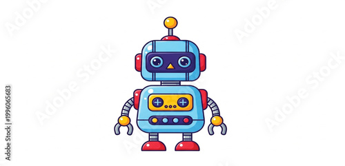 Cute Cartoon Robot Character Illustration with Friendly Face, Colorful Toy Android Mascot Design for Technology Kids Game Branding