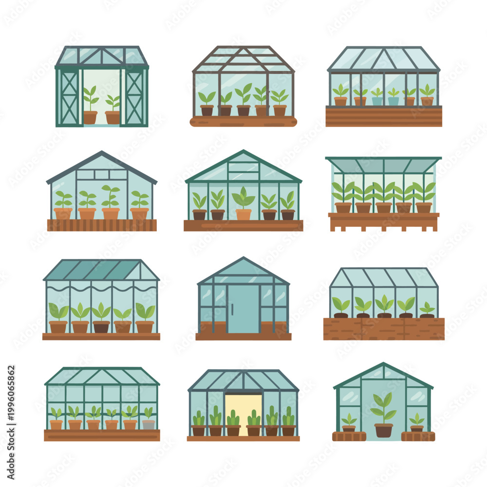 Fototapeta premium Greenhouse vector illustrations of various plant houses with glass walls