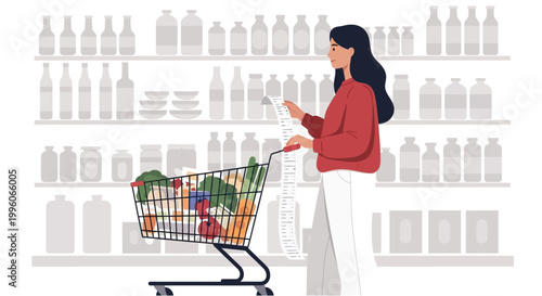 Woman reviewing a long grocery receipt while pushing a cart filled with fresh healthy food items
